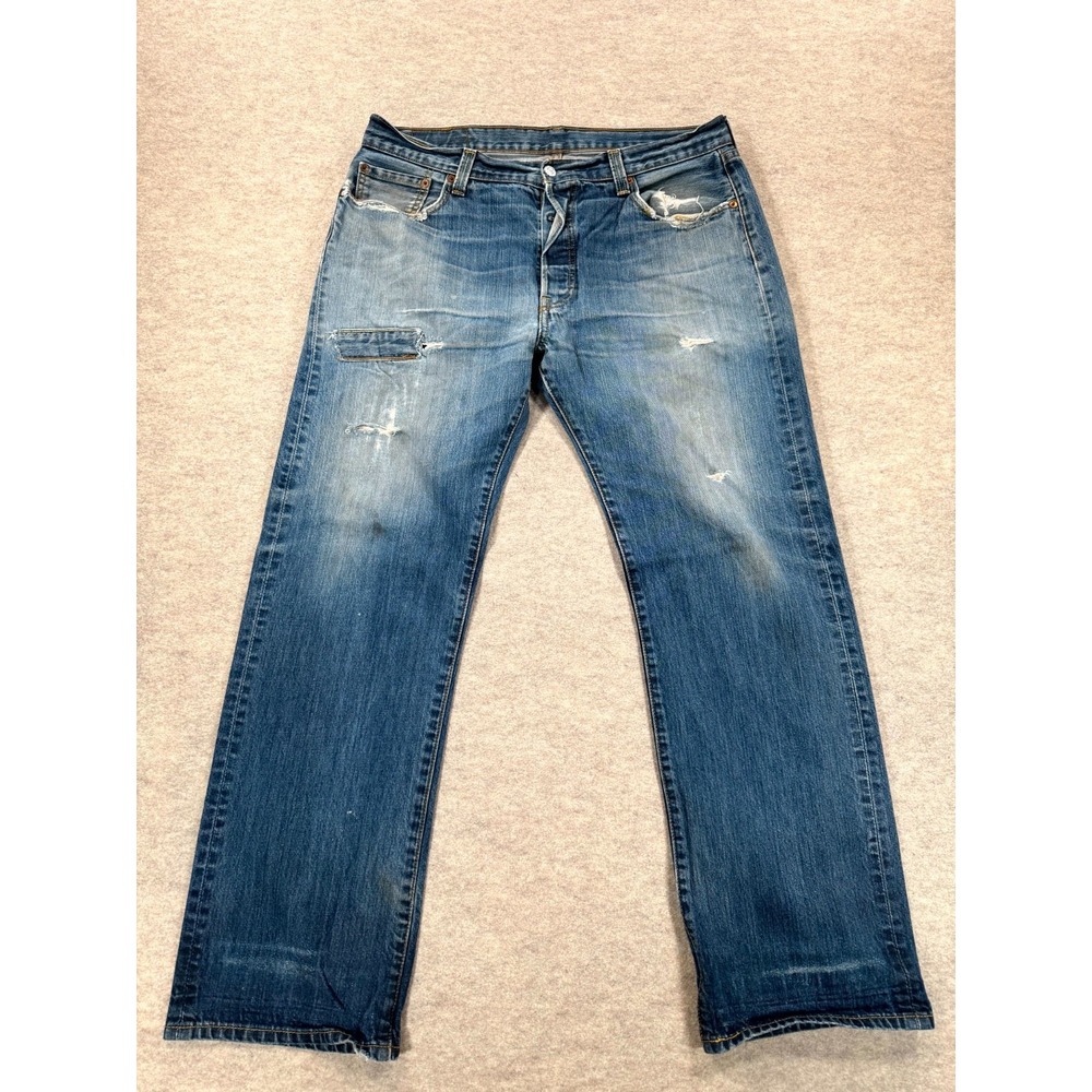 Levis 501 Jeans Mens 36x32 Blue Denim Cotton Patch Work Distressed Straight Leg